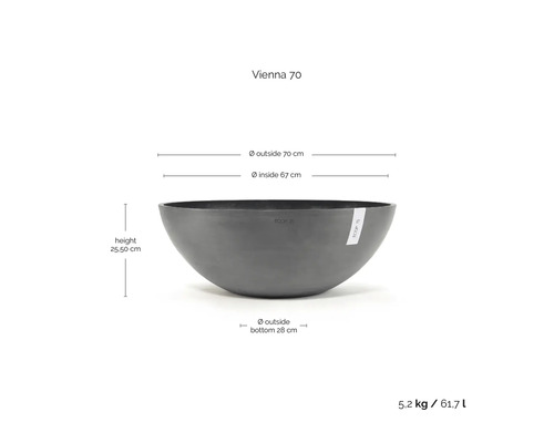 Planteringsskål Ecopots Vienna 70 med mått: höjd 25,50 centimeter, ytterdiameter 70 centimeter och volym 61,7 liter.