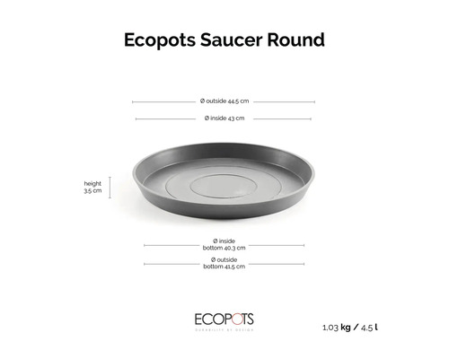 Ecopots Saucer Round fat: ytterdiameter 44,5 centimeter, innerdiameter 43 centimeter, höjd 3,5 centimeter, Ecopots Logo.