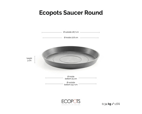 Ecopots Saucer Round fat runt, höjd 3 centimeter, ytterdiameter 28,7 centimeter, innerdiameter 27,8 centimeter.