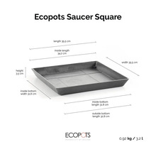 Fyrkantigt fat Ecopots Saucer med mått: längd och bredd 35,5 centimeter, höjd 3,5 centimeter, vikt 0,92 kilogram, volym 3,2 liter.