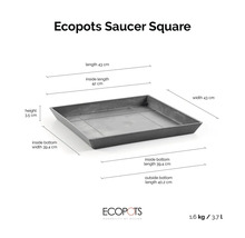 Krukfat Ecopots Saucer Square: 43 gånger 43 centimeter, höjd 3,5 centimeter, vikt 1,6 kilogram, volym 3,7 liter. Ecopots Logo.
