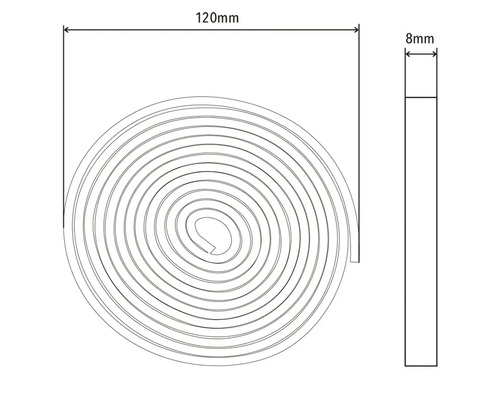 Teknisk ritning av en tätningslist med måtten 120 mm x 8 mm.