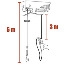 Teknisk ritning av en elektrisk lyftanordning med en lyfthöjd på sex meter och en kabellängd på tre meter.
