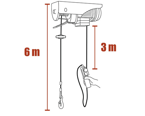 Teknisk ritning av en elektrisk lyftanordning med en lyfthöjd på sex meter och en kabellängd på tre meter.