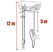 Ritning av en elektrisk talja med en lyfthöjd på 12 meter och en styrkabellängd på 3 meter