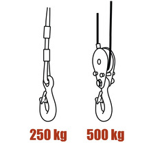 Ritning av en lastkrok med en lastkapacitet på 250 kilogram och en lastkrok med en lastkapacitet på 500 kilogram