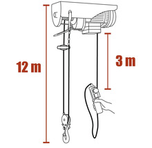 Ritning av en elektrisk lyftanordning med en lyfthöjd på tolv meter och en kabellängd på tre meter.