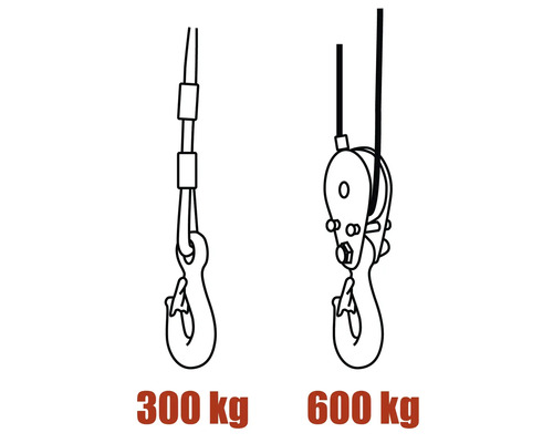 Ritning av två vajerkranar med en lastkapacitet på 300 kg och 600 kg