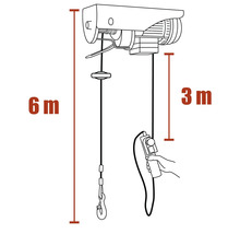 Ritning av en lyftanordning med en lyfthöjd på 6 meter och en styrkabellängd på 3 meter