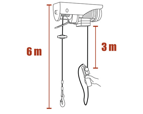 Ritning av en lyftanordning med en lyfthöjd på 6 meter och en styrkabellängd på 3 meter