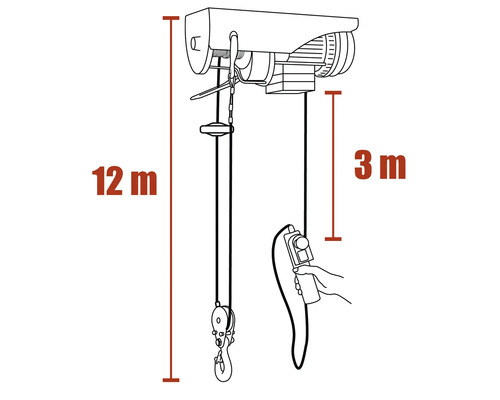 Ritning av en elektrisk lyftanordning med en kabellängd på 12 meter och en styrkabellängd på 3 meter.