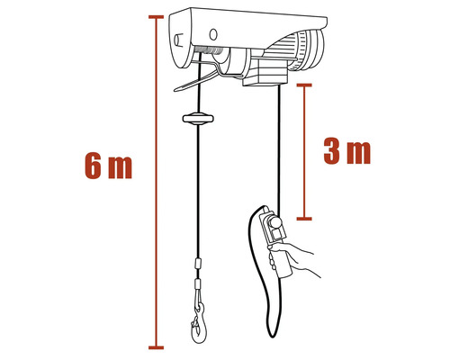 Ritning av en elektrisk lyftanordning med en kabellängd på 6 meter och en kabellängd på 3 meter