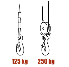 Ritning av en kedjetelfer med en maximal lastkapacitet på 125 kg och 250 kg