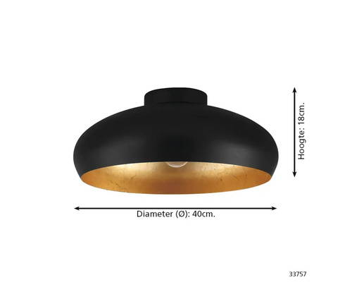 Svart taklampa med guldfärgad insida, diameter 40 cm
