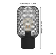 Svart bordslampa av metalltråd med glödlampa och måtten diameter 15 centimeter och höjd 28,5 centimeter.