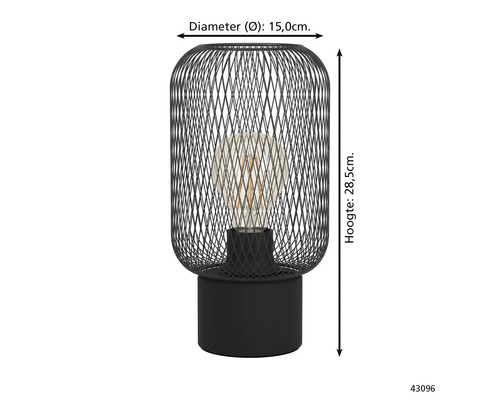 Svart bordslampa av metalltråd med glödlampa och måtten diameter 15 centimeter och höjd 28,5 centimeter.