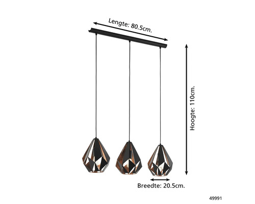 Pendellampa med tre geometriska lampskärmar och måttangivelser