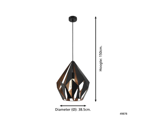 Geometrisk hänglampa med en höjd på 150 cm och en diameter på 38,5 cm.