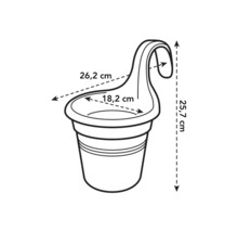Illustration av en hängande kruka med mått: 26,2 cm bred, 25,7 cm hög, 18,2 cm innerdiameter