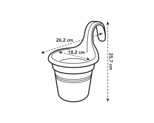 Illustration av en hängande kruka med mått: 26,2 cm bred, 25,7 cm hög, 18,2 cm innerdiameter