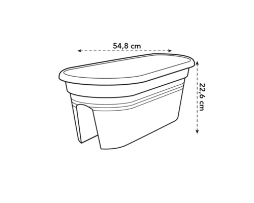 Bild på en balkonglåda med måtten 54,8 cm bred och 22,6 cm hög.