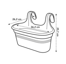 Mått på en balkonglåda: 26,2 cm bred, 36,2 cm lång och 25,7 cm hög.