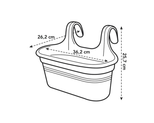 Mått på en balkonglåda: 26,2 cm bred, 36,2 cm lång och 25,7 cm hög.