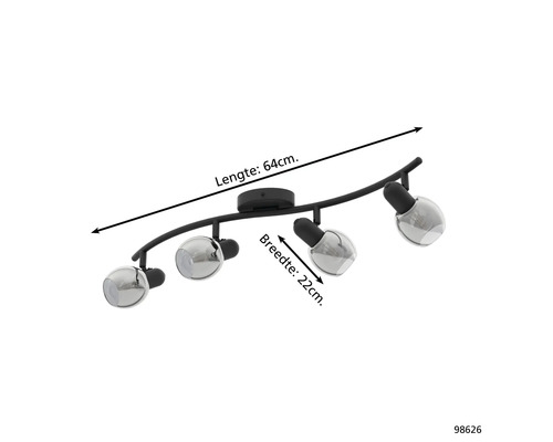 Taklampa med fyra spotlights, längd 64 centimeter, bredd 22 centimeter