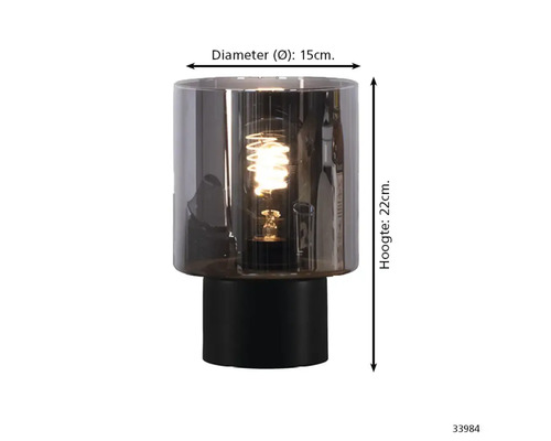 Bordslampa med glascylinder, en höjd på 22 cm och en diameter på 15 cm.