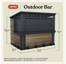 Keter Logo. Detaljvy av en utomhusbar med dimensioner.