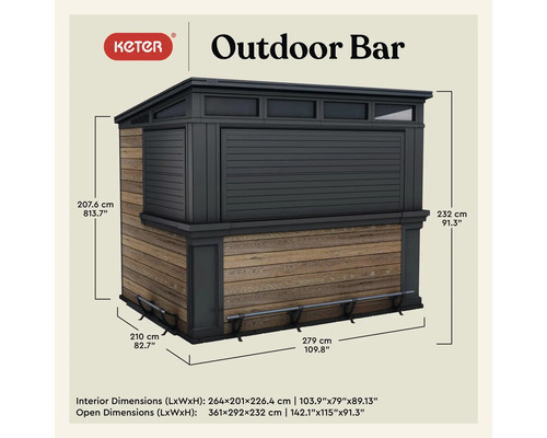 Keter Logo. Detaljvy av en utomhusbar med dimensioner.