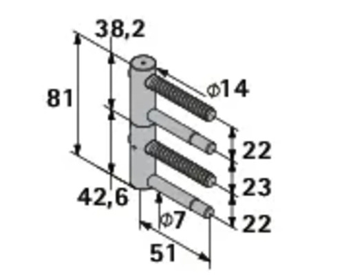 Teknisk ritning av en dörrgångjärn med måttangivelser