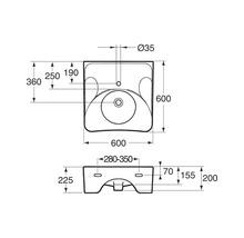Teknisk ritning av ett handfat med mått
