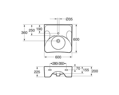 Teknisk ritning av ett handfat med mått