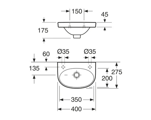 Teknisk ritning av ett tvättställ med mått