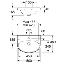 Teknisk ritning av ett tvättställ med mått.