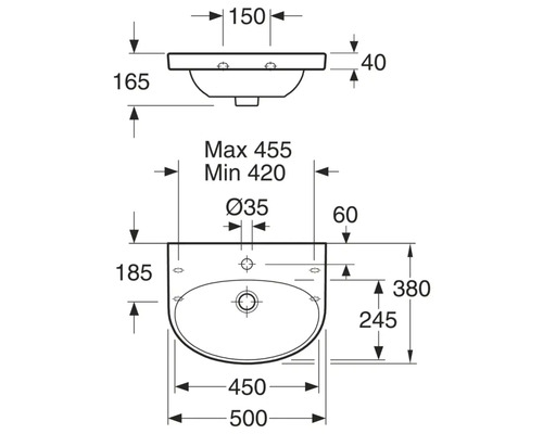 Teknisk ritning av ett tvättställ med mått.