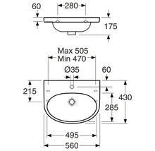 Teknisk ritning av ett handfat med mått