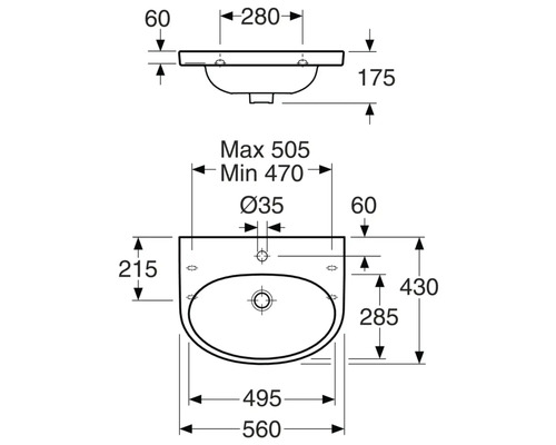 Teknisk ritning av ett handfat med mått