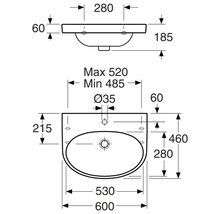 Teknisk ritning av ett tvättställ med mått.