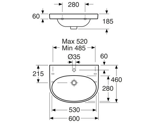 Teknisk ritning av ett tvättställ med mått.