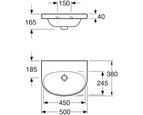 Teknisk ritning av ett tvättställ med mått
