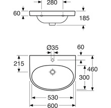 Teknisk ritning av ett tvättställ med mått.