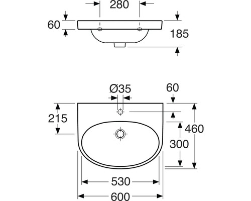 Teknisk ritning av ett tvättställ med mått.