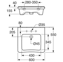 Teknisk ritning av ett tvättställ med måttangivelser