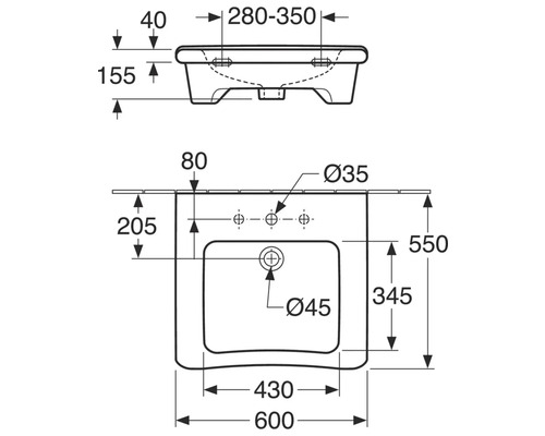Teknisk ritning av ett tvättställ med måttangivelser