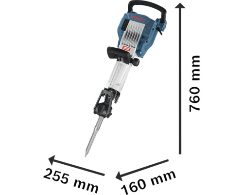 Boschhammare rivningshammare med måtten 760 mm höjd, 255 mm bredd och 160 mm djup.