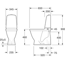 Teknisk ritning av en stående toalett med mått