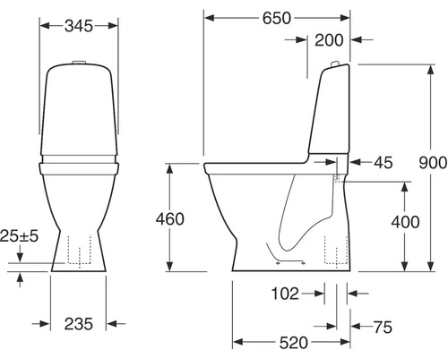 Teknisk ritning av en stående toalett med mått