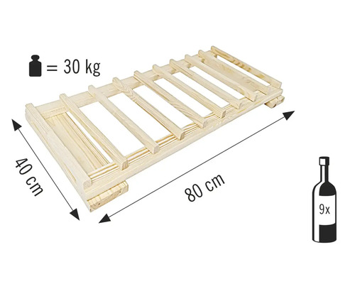 Vinhylla i trä för nio flaskor, 80 gånger 40 centimeter, lastkapacitet upp till 30 kilogram